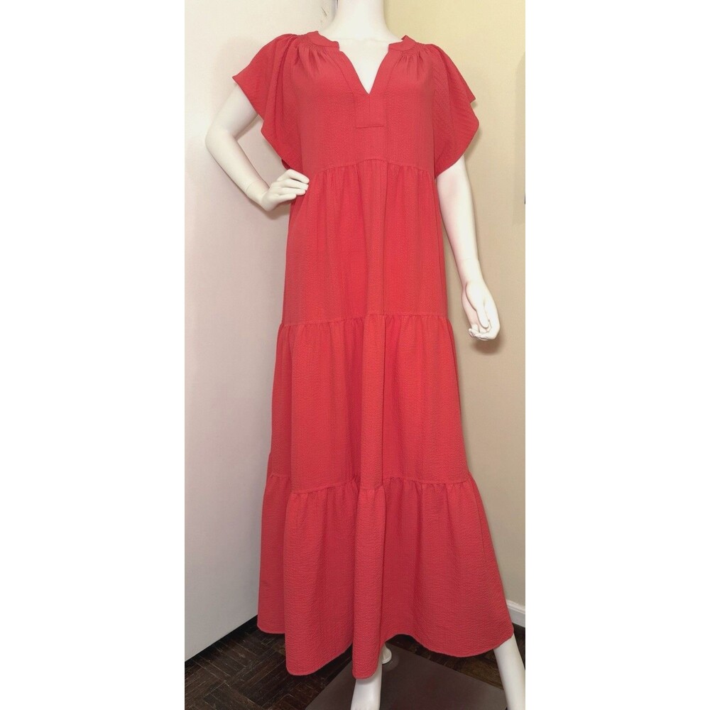 Calvin Klein Size 12 Coral Pink Tiered Maxi Dress Flutter Sleeve Pockets 52"